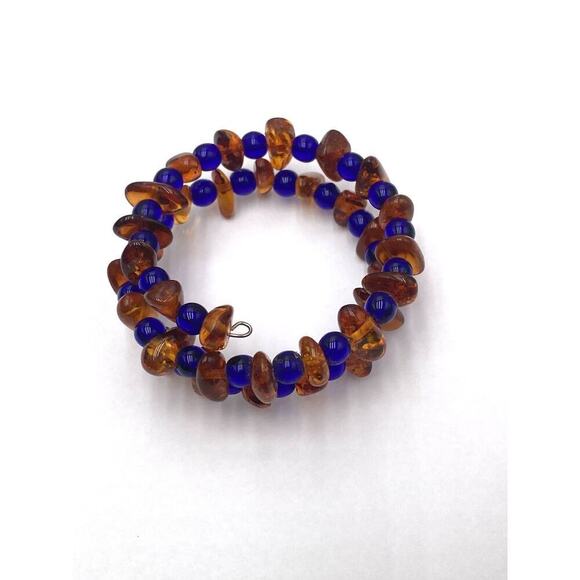Amber Bracelet Blue Acrylic Divider Beads Memory Wire - Picture 2 of 11